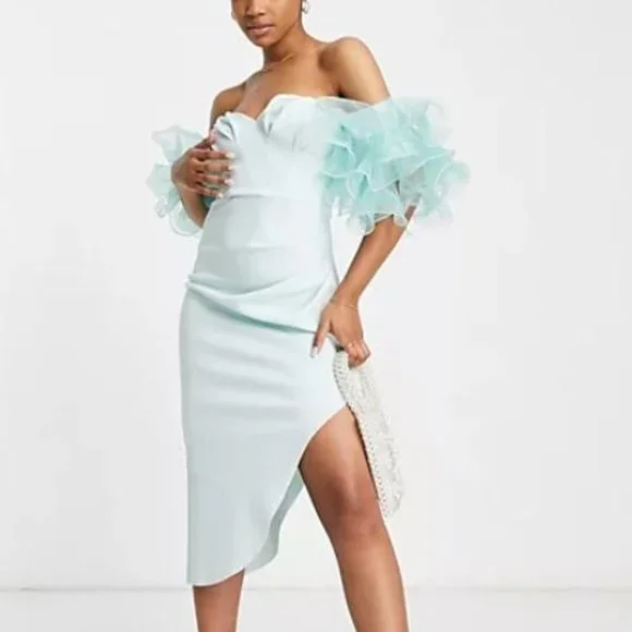 ASOS | Dresses | Asos Design Ruche Bust Puff Sleeve Bardot Midi Dress In  Light Blue Nwt Us 6 | Poshmark